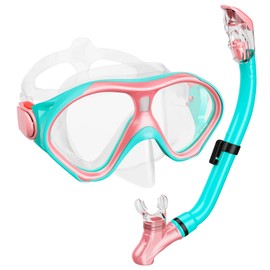 Kids Snorkel Set, Dry Top Snorkeling Gear Kids Swimming Goggles, Anti-Fog Tempered Glass Snorkel Mask with Foldable Breathing Tube, 180 Degree Full View Anti-Leak Diving Mask for Age 6-14, PinkCyan