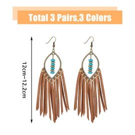UNICRAFTALE 3 Pairs 3 Colors Bohemian Fringe Leather Earrrings Handmade Tassel Drop Earrings Long Tassel Dangle Earrings Vintage Ethnic Tassel Earring Dangle Earrings for Women