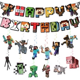 Pixel Birthday Decoration Boys, Pixel Birthday Banner, Miner Game Streamers Hanging Swirls, Birthday Decoration Game Birthday Party Accessories for Fans Children Boys