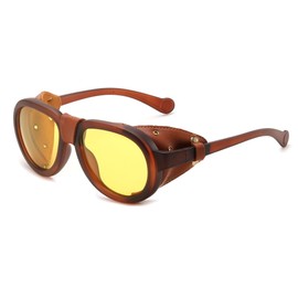 FEISEDY Steampunk Sunglasses Women Men，Polarized Yellow Lens, Retro Round Vintage Frame Leatherwear B0159