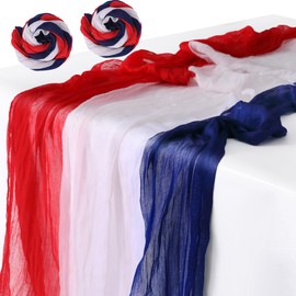 RunNico 2 PCS 4th of July Cheese Cloth Table Runner- 120 x 38 Inch Rustic Red White and Blue Gauze Table Cloth- Patriotic Memorial Day Cheesecloth Table Runners for Independence Day Dining Table Decor