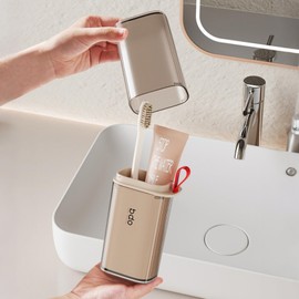 Toothbrush Case, Toothbrush Holder and Rinse Cup, Large Capacity Toothbrush Cup, Portable Travel Toothbrush Holder (Light Beige)