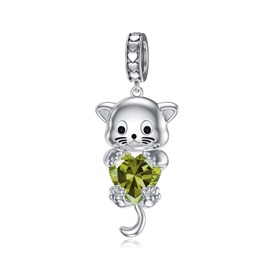 LONAGO Cat Charm with Birthstone Sterling Silver Cat Bead Charm Gift for Women (August(Peridot))