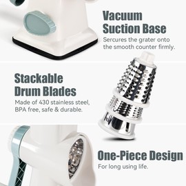 Rotary Cheese Grater Handheld, Rotary Cheese Grater with Handle, Parmesan Cheese Grater Hand Crank, Cheese Shredder, Cheese Slicer Cucumber Slicer 3 in 1 Rotary Cheese Grater Vegetable Slicer (White)