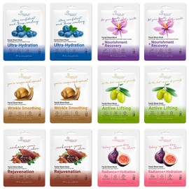 Paquete de 12 mascarillas faciales en láminas para el cuidado de la piel, mascarillas faciales de colágeno con ácido hialurónico, vitamina C y mucina de caracol para hidratar, rejuvenecer y humectar