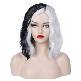 PATTNIUM Black White Wig Short Wavy Wig Black and White Wig Women Girls Split Wig Two Color Wig Shoulder Length Curly Two Tone Wig Heat Resistant Synthetic Hair Cosplay Party Costume Wig (Black and White)