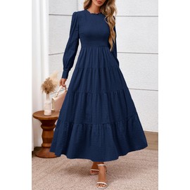 PRETTYGARDEN Women's Long Sleeve Maxi Dresses 2025 Fall Casual Smocked Trim Neck Swiss Dot Tiered Flowy Wedding Guest Dress (Navy Blue,XL)