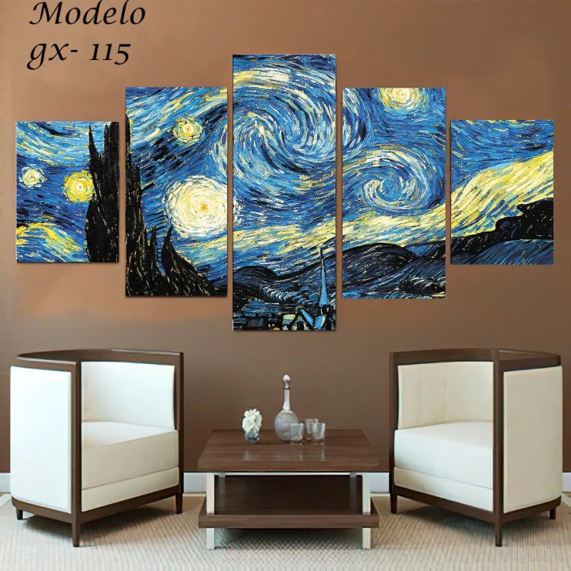 Cuadro 5 Piezas La Noche Estrellada Van Gogh Arte 150x80cm