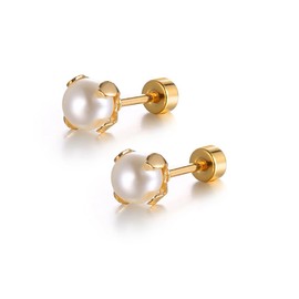 Shell Pearl Stainless Steel Earrings for Women Girls 14k Gold Plated Hypoallergenic 8mm Pearls Ball Tiny Stud Cartilage Tragus Screw Back Post Piercing Christmas Birthday Jewelry Gifts