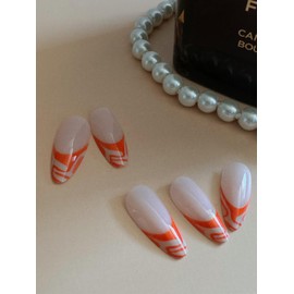 Fast Nails Press On Nails- 24 Pieces Artistic Orange Swirl Ombre French Nails Medium Almond with Marble Design Reusable Nail Kit with Adhesive Tabs