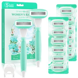 Razors for Women Include 2 Non-Slip Handles and 14 Razor Refills, 5 Premium Blades Women's Razors for Shaving with a Shower Holder, Disposable Razor with 360° Lubrication Reduces Irritation, Green