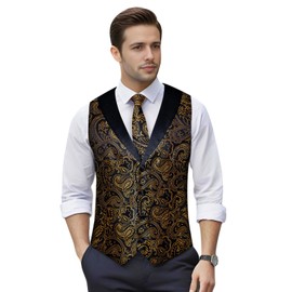 DiBanGu Mens Paisley Suit Vest Silk Jacquard Waistcoat and Necktie Set Formal Shawl Collar Dress Vest 7PCS for Wedding Party, Black and Gold, XX-Large