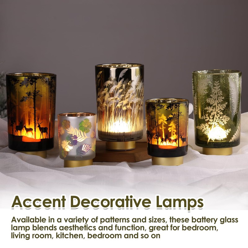 Eywamage Battery Operated Glass Table Lamp, Boho Green Ferns Leaves
