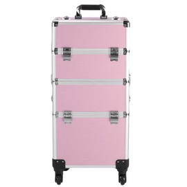 Ynredee Rolling Makeup Case,3 in 1 Aluminum Cosmetic Organizer Train Case on Wheels,Makeup Travel Trolley Organizer,Salon Storage Traveling Cart for Nail Beauty Salon Barber (Pink)