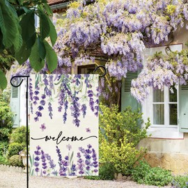 Baccessor Spring Summer Welcome Floral Garden Flag 12.5 x 18 Inch Double Sided Burlap Lavender Purple Flower Farmhouse Easter Small Yard Flag Holiday Seasonal Outdoor Outside Decoration