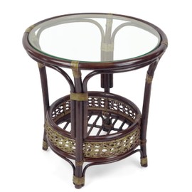 SunBear Furniture Pelangi Round Coffee Table Natural Rattan Wicker with Glass Top Handmade, Dark Brown