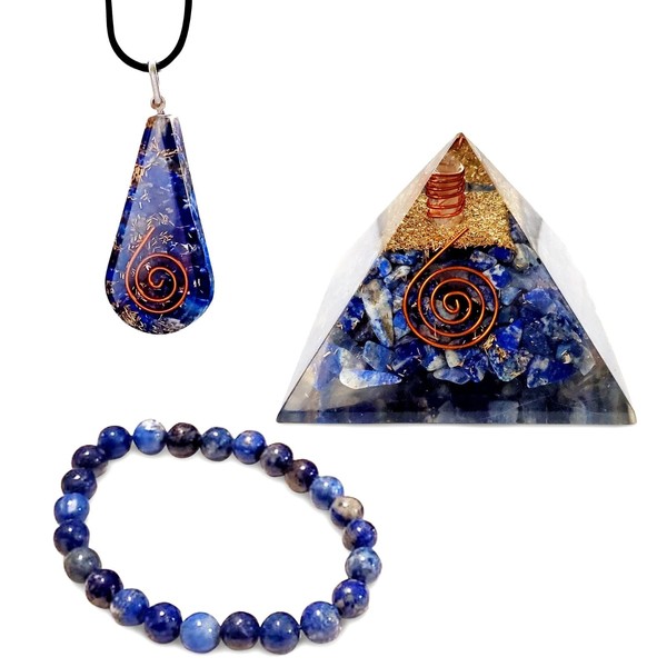 Orgone Pyramid Lapis Lazuli Crystals Set – Set of 3 Pendant, Bracelet, Crystal Chakra Pyramid– Positive Energy Generator Orgonite, Reiki, Healing, Meditation, Spiritual Balance Stones
