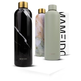 Mameido Stainless Steel Water Bottle, 750 ml, Black Marble Gold - Leak-proof Thermos Flask, Water Bottle, BPA Free (Bisphenol A), Insulated Flask, Water Bottle Stainless Steel Coffee and Tea