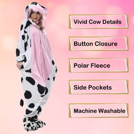 NEWCOSPLAY Animal Onesie Costume Adult Pajamas Plush One Piece Cosplay Costume(Pink Cow,X-Large)