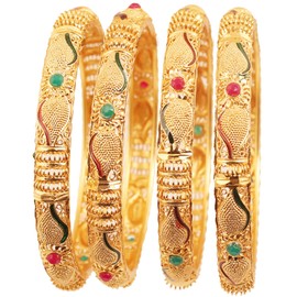NEW Touchstone "Golden Bangle Collection" Indian Bollywood Desire Beautifully Carved Conch Shell Inspired Faux Ruby Emerald Thick Designer Jewelry Bangle Bracelets. Set of 4. In Gold Tone For Women