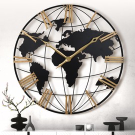 Lafocuse 23 Inch Large Black World Map Wall Clock Metal, Modern Silent Non-Ticking Wall Clocks for Living Room Decor, Oversized Clocks with Vintage Gold Roman Numerals for Bedroom Home Kitchen Office