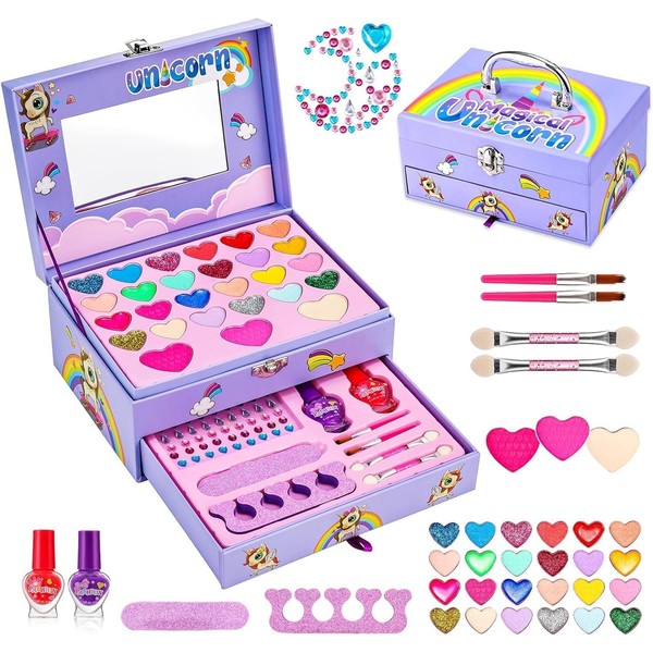 Anpro 36 Pieces Children's Make-Up Set Girls Vanity Case Girls - Washable Make-Up Children's Make Up Set Girls Toy Christmas Birthday Gifts for Girls 3 4 5 6 7 8 9 10 11 12 Years (Purple)