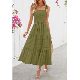 MEROKEETY Women's Summer Boho Maxi Dress Beach Vacation Casual Smocked A Line Sundress with Pockets, Army, Small