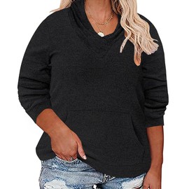 CARCOS Women Plus Size Hoodies Cowl Neck Blouse Women With Hooded Long Sleeve Black Solid Color Sweatershirts With Pocket Tunic Pullover Casual Tops Witner Fall 3Xl 22W 24W
