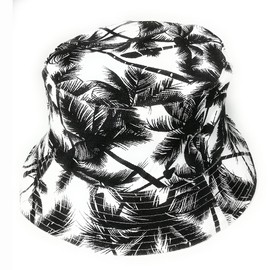 Cool Hawaiian Palm Tree Print Bucket Style Sun hat Holiday Festival Sun Hats (White-Black)