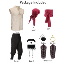 8 Pcs Adult Pirate Costume Men Renaissance Medieval Shirt Ankle Banded Pants with Viking Accessories Beard Arm Guard Eye Patch Head Scarf Sash Belt Earrings RK034M
