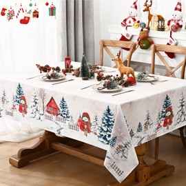 FRAMICS Christmas Tablecloth 60×104 Inch, Winter Snowflake Christmas Trees Table Cloth, Beige Christmas Table Cloth Rectangle, Waterproof Washable Christmas Table Cover for Party Kitchen Dining Room