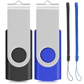 Memory Stick 64GB 2 PACK USB Stick 2.0 Pen Drive Swivel Design Photo Memory Sticks Fold Storage (Black/Blue With Lanyard)