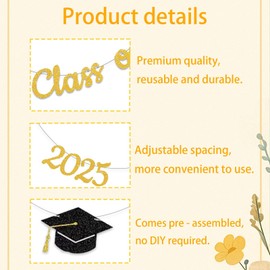 Pre-Assembled Class of 2025 Banner Graduation Decorations Congratulations on High School and College Graduation, Classroom Celebrations, Glitter Banners, Family Class Party Walls Decorations(Gold)