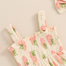 Himllauen 2 Pcs Newborn Baby Girl Summer Romper Outfits Cute Sleeveless Cherry/Carrot/Alber/Flowers/Peach Print Jumpsuit + Hair Band Bodysuit for Infant Girls (Pink Peach, 6-12 Months)