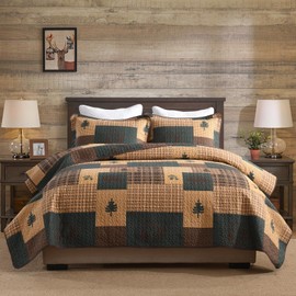 Finlonte Quilts Queen Size, 100% Cotton Cabin Queen Quilt, Lodge Cabin Farmhouse Queen Comforter Sets, Lightweight Reversible Qulted Bedspread Set for All Seasons, Dark Brown/Dark Green