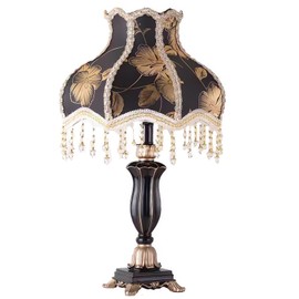 Victorian Table Lamp Handmade Fabric Lampshade European Style Desk Lamp with Antique Painted Resin Base Vintage Fabric Table Lamp for Bedroom Living Room Office (Black)