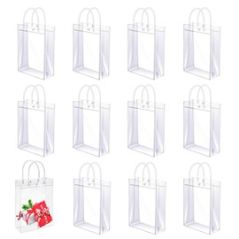 Clear PVC Gift Bags With Handles, 25 x 18 x 7 cm Clear Gift Bags, Bulk Gift Bags, Waterproof PVC Tote Bags, Reusable Transparent Wrap Bags, for Birthday Party Favor Christmas(12 PCS)