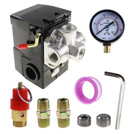 Nihfien 95-125 PSI Air Compressor Pressure Switch Control Valve 110V-240V 4-way Replacement Parts With 0-200 Pressure gauge and Safety Pressure Relief Valve
