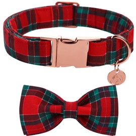 DOGWONG Christmas Dog Collar with Bow tie, Red Plaid Dog Collar Soft Durable Adjustable Cotton Red Green Tartan Puppy Collar for Small Medium Large Dog
