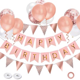 OHugs Birthday Decorations for Women - Happy Birthday Banner with 12 Inch Rose Gold, White, and Confetti Balloons - Girls Happy Birthdays Bunting Banner with Wall Hooks and Ribbons