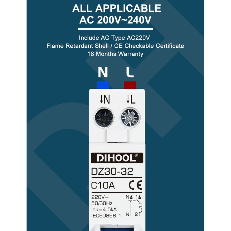 DIHOOL MCB Circuit Breaker 1P+N 10A phase line + neutral