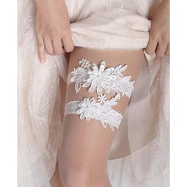 IMOMOTO White Wedding Garters for Bride, Non Slip Silicone Lace Bridal Garters Set with Pearls Plus Size (Off White, Small)