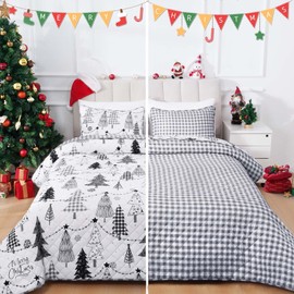 Christmas Quilt Set Queen, 3 Pieces Holiday Reversible Bedding Set Christmas Trees Snowflakes Quilt Set with 2 Pillow Shams Grey checked Merry Christmas Bedspread Coverlet Set Queen 90"x90"