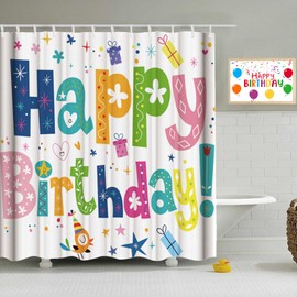 ZCHOMI Happy Birthday Shower Curtain Kids Birthday Party Rainbow Shower Curtain for Bathroom Waterproof Polyester Fabric Bathroom Curtain 72 x 72 Inch with 12 Plastic Hooks