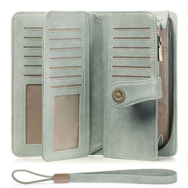 SENDEFN Women's Leather Wallet Large Women Clutch RFID Protection Blocking Large Capacity Long Purse with 24 Card Slots and Wallet Removable Wrist Strap, Cf-Light Green, Fastened