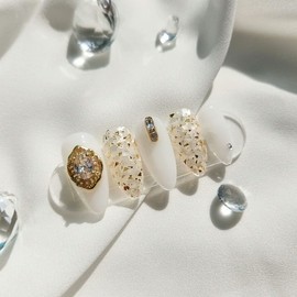 Exciting gold white mother-of-pearl nail tips - petit square / 설렘 가득 골드 화이트 자개 네일팁 - 쁘띠 스퀘어