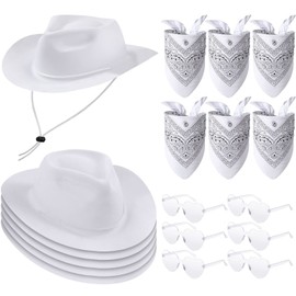 Newcotte 18 Pcs Western Cowboy Plastic Hat Set Include 6 Hats 6 Paisley Bandanas 6 Pairs Heart Style Glasses for Party(White)