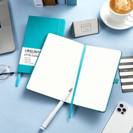 Dotted Journal/Notebook - Dot Grid Hard Cover Notebook, Premium Thick Paper with Fine Inner Pocket, Black Smooth Faux Leather, Pen Loop, 5.3'' x 8.26'' - Cyan
