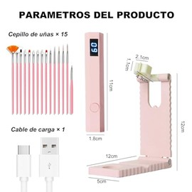 Lampara para Uñas de Gel y Acrilico, Lampara UV para Uñas.Recargable Curado Portátil, con Kit 15 Pinceles y Soporte, Pantalla LED 2 Ajustes de Tempori