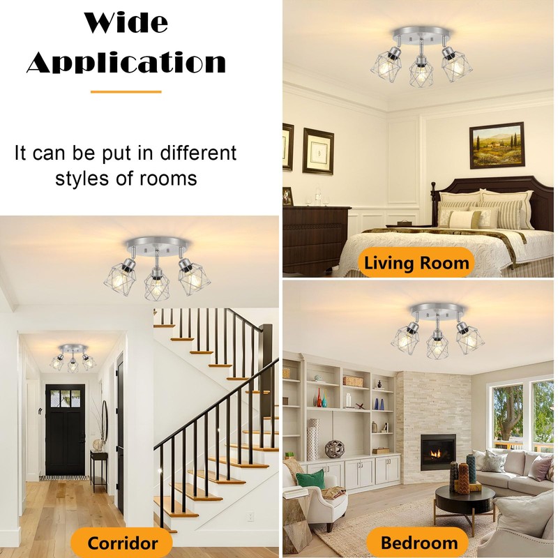 Baocuz 3-Light Brushed Nickel Semi Flush Mount Ceiling Light, Adjustable